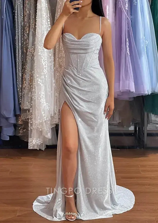 TingPo Wholesale Elegant Trumpet/Mermaid Sweetheart Spaghetti Straps Sweep Train Glitter Prom Dress With Pleated Split